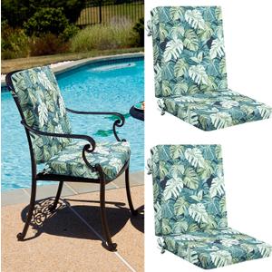 Patelai 2 Set 42x21x3 Inch Outdoor Patio Chair Cushions for Dining/Rocking Chairs High Back Soft Seat Pad with Ties Waterproof Fade Resistant for Indoor Outside Furniture (Elegant,Green Leaves)