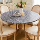 Round Vinyl Fitted Tablecloth, Fits 36" Round Tables,Waterproof No-Wash Wipeable Easy Clean,Flannel Backed Elastic Edge,Gray Leaf Print Cover for Dining,Kitchen,Indoor Outdoor Use