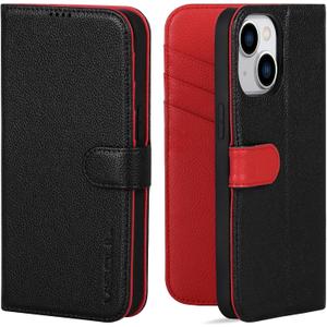VISOUL Real Leather Wallet Case for iPhone 15, Pebbled Leather Magnetic Folio Case with Card Holder Kickstand Shockproof Phone Cover Designed for iPhone 15 (6.1 inch)-Black+Red