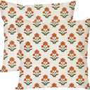 PANDICORN Block Print Throw Pillow Covers 18x18 Inch Set of 2 Green and Orange Vintage Floral Outdoor Farmhouse Spring Fall Cottage Decorations Decorative Pillow Cases for Living Room Couch Home Decor
