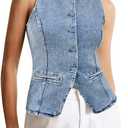 Tankaneo Womens Button Down Denim Vest Tops Sleeveless Fitted Jean Tank Tops Summer Trendy Casual Waistcoat (Small, Blue)