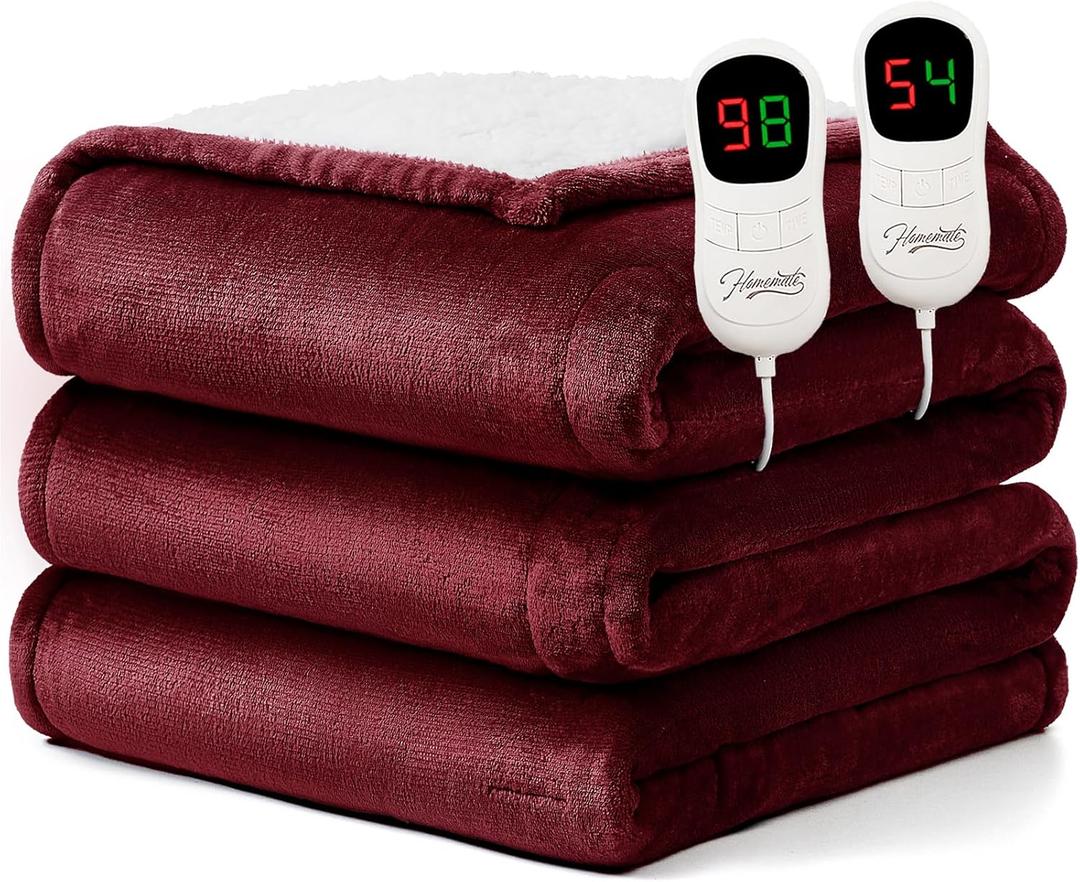 Homemate Electric Heated Blanket King Size - 100"x90" Heating Blanket King Size Dual Control 1/2/4/6/8 Hours Auto-Off 10 Heat Level Over-Heat Protection Flannel Sherpa ETL Certification (03 - Ruby Red)