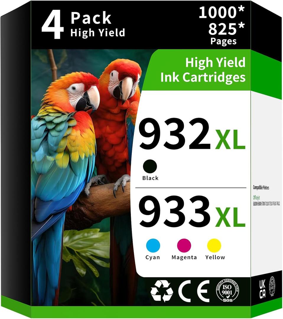 Caelum 932XL/933XL High Yield Ink Cartridge Replacement for Combo Pack HP 932XL 933XLL to Use with HP Officejet 6100 6600 6700 7110 7610 7612 (4 Pack, 1Black 1Cyan 1Magenta 1Yellow)