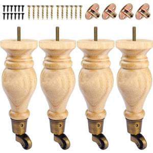 9 inch / 22cm Wooden Furniture Legs with Casters Wheels, Pack of 4 Classic Varnish Solid Wood Round DIY Replacement Bun Feet for DIY Project Sofa Couch Cabinet Ottoman Bed Riser