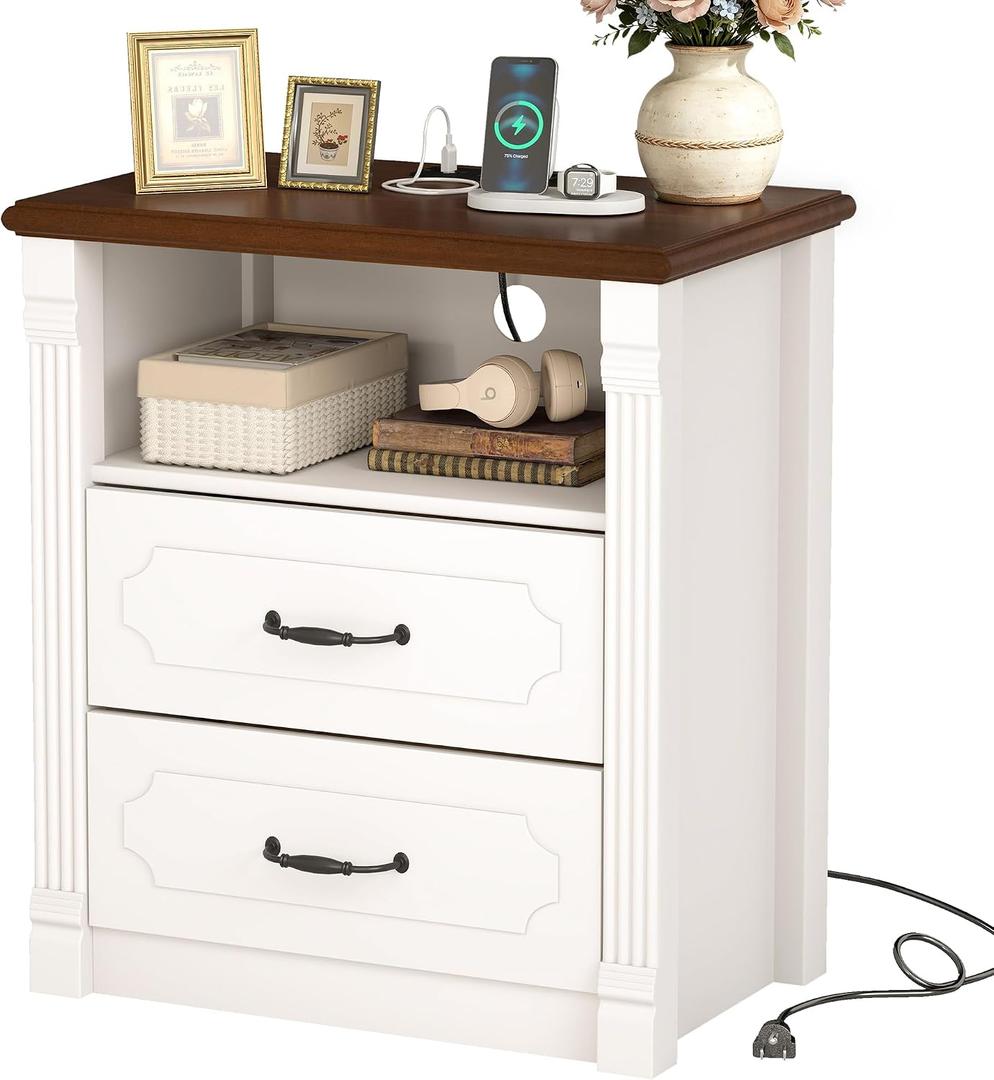 Farmhouse Tall Night Stand with Charging Station, Wood Bed Side Table with 2 Drawers and Open Shelf, Rustic End Table with Roman Column Design for Bedroom Living Room, White & Brown