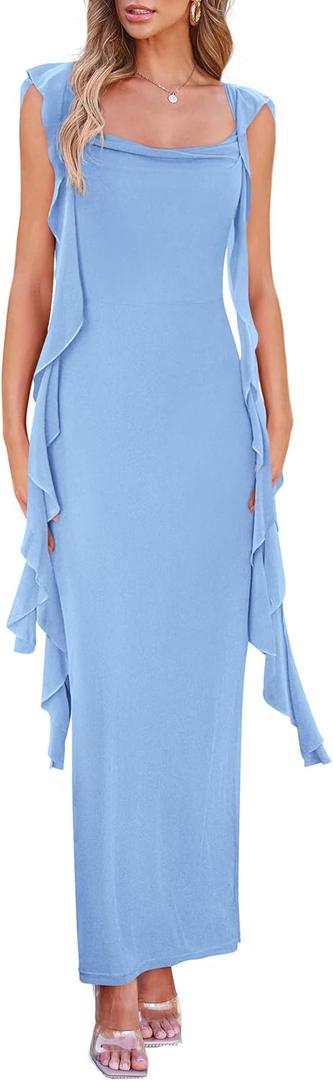 PRETTYGARDEN Women's 2025 Summer Wedding Guest Dress Sleeveless Ruffle Formal Cocktail Party Maxi Bodycon Dresses (Large, Light Blue)