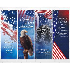 chiazllta 4PCS Independence Day Church Banners for Sanctuary Wall 4th Of July Religious Hanging Backdrop Christian Bible Verse Banner Patriotic American Flag Porch Signs for Sunday School Decoration