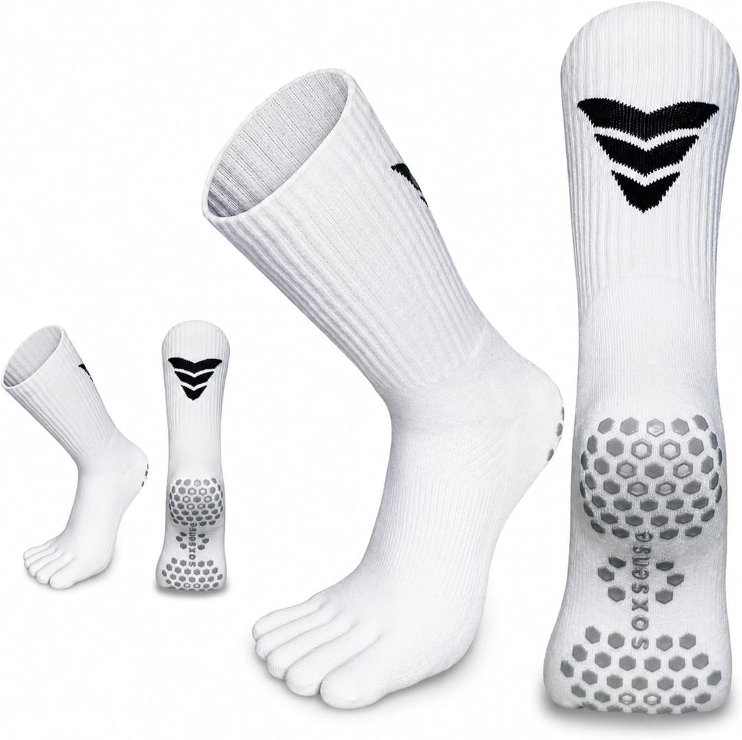 Soxsense Multi-Pack Sports Grip Toe Socks with Cushion, Non-Slip Finger Socks for Pilates, Home Gym, Soccer, basketball, Large