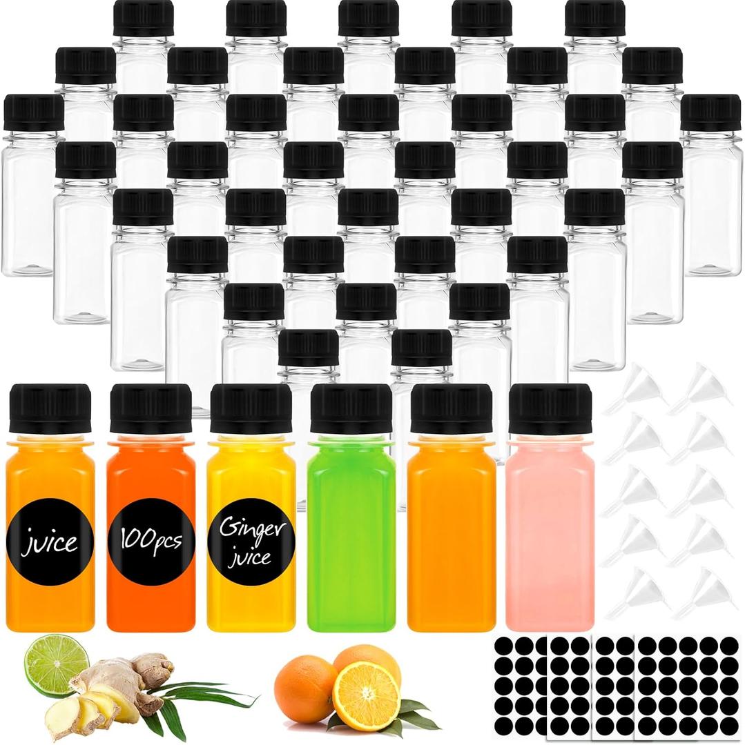 100 Pack 2 oz Shot Bottles with Caps, Small Plastic Bottles for Liquids, Ginger Shots Bottles for Liquor,Juice,Whiskey, Reusable Travel Bottles with Scale, Funnels, Stickers for DIY, Weddings, Party