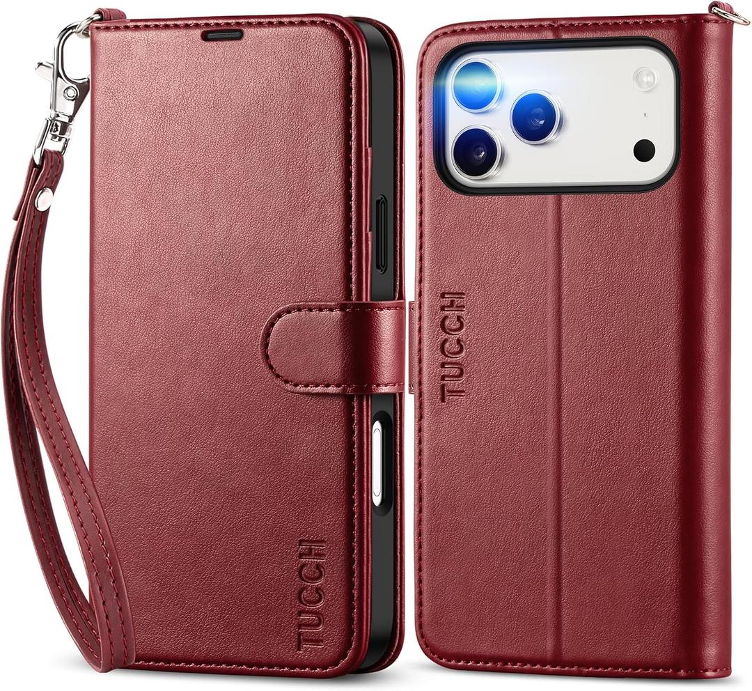 TUCCH Case Wallet with Wrist Strap for iPhone 17 Pro Max (6.9"), Dark Red | 4 Card Slots, RFID Blocking, Kickstand, Shockproof TPU Shell, PU Leather, Magnetic Closure, Folio Flip Cover
