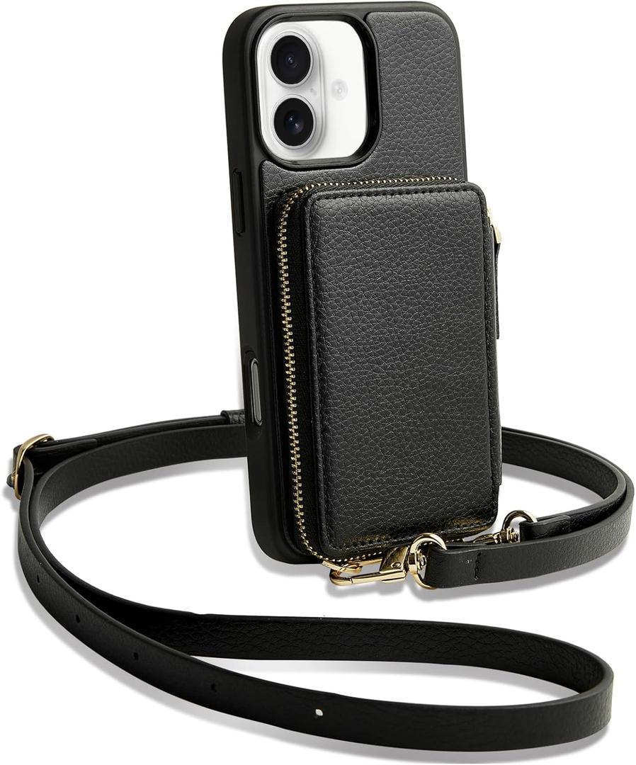 ZVE for iPhone 16 Case Wallet with Card Holder, RFID Blocking Zipper Phone Purse with Adjustable Crossbody Strap and Wrist Strap for iPhone 16 6.1", Black