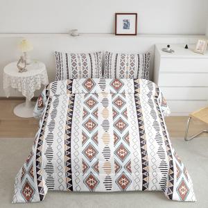 Bohemian Comforter Set Boho Aztec Striped Bedding Set for Teens Boys,Tribe Geometry Triangle Duvet Insert Mexican Bed Quilt Exotic Nordic Southwestern Decor Full,White (Multi 04)