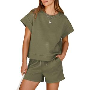 Dokotoo Women's 2 Piece Outfits Sweatsuit Casual Short Sleeve Pullover Tops and Drawstring Shorts Pants Lounge Sets (Green, M)