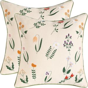 Tosleo Spring Decorative Pillowcases 16x16 inch Pack of 2 Embroidered Throw Pillow Covers Farmhouse Pillow Cushion Cases Home Decor Square Floral Pillow Case(Polychrome Flower)