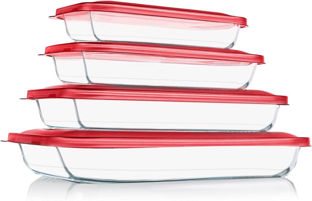 KOMUEE 8 Pieces Glass Baking Dish with Lids Rectangular Glass Baking Pan Bakeware Set with BPA Free Lids, Baking Pans for Lasagna, Leftovers, Cooking, Kitchen, Fridge-to-Oven, Red