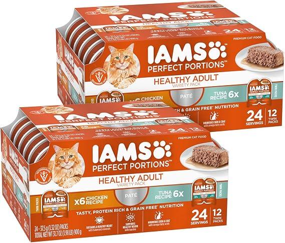 IAMS Perfect Portions Healthy Adult Wet Cat Food with Chicken and Tuna Recipe Variety Pack, Easy Peel Twin-Pack Trays, Pack of 24 (48 Total Servings) (EXP 08/15/26)