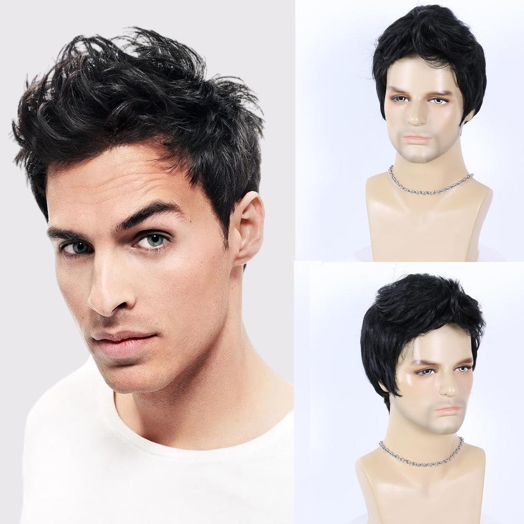 Black Wigs for Men Short Layered Synthetic Male Guy Wig for Cosplay Costume and Daily Wear(Fit 21inch-22.5inch Head Circumference)