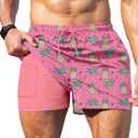 Keevoom Mens Swim Trunks Compression Liner Swim Shorts Quick Dry Swimwear Swimsuit Bathing Suits Board Shorts with Pockets (Pink, L)