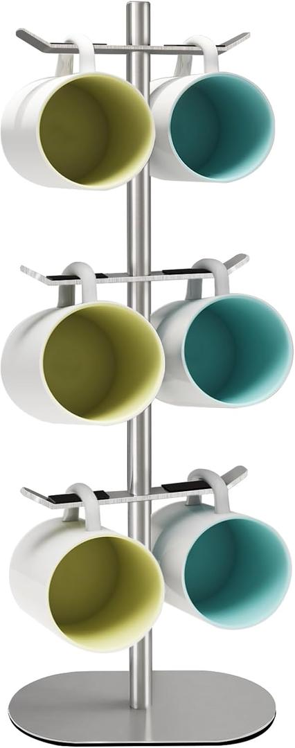 Mug Holder Tree, Coffee Cup Holder with 6 Hooks, Coffee Mug Rack, Metal Mug Tree for Counter, Mug Holder Stand Coffee Mug Hanger(Brushed Nickel)