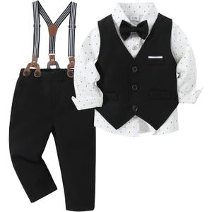 ZOEREA Toddler Boy Suit Formal Wedding Outfits Gentleman Clothes Long Sleeve Shirt + Suspender Pants + Bowtie, Size 3-4Y