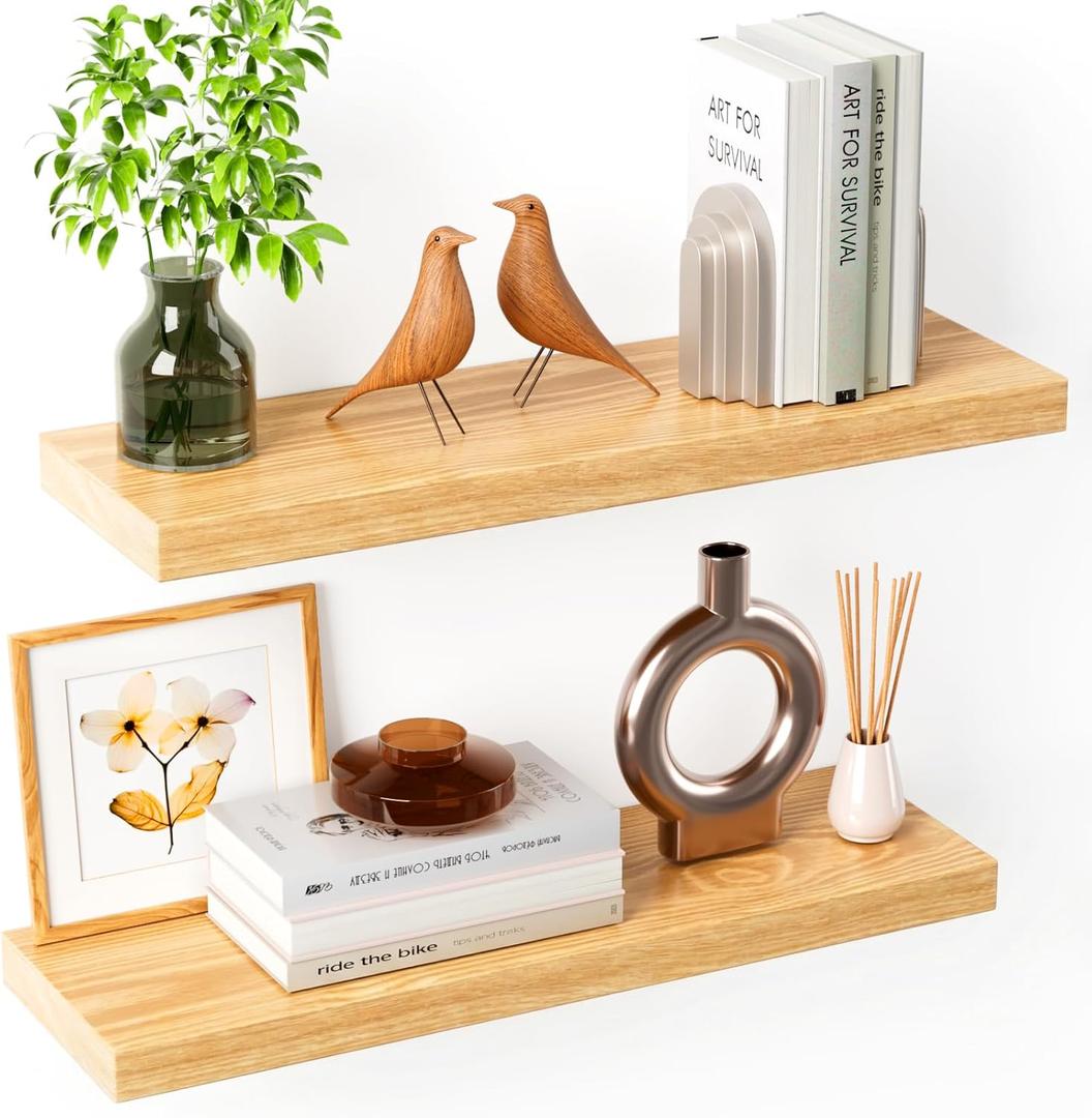 Solid Wood Live Edge Floating Shelves Set of 2  24" Rustic Wall Shelf with Hidden Bracket System, Wall Mounted Shelves for Bathroom, Kitchen, Living Room, Bedroom (Raw Wood)