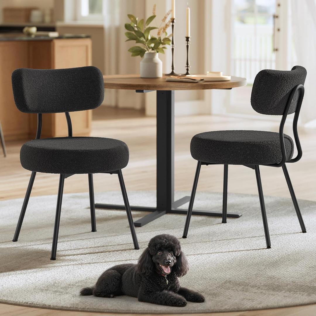 VASAGLE Boucle Dining Chairs Set of 2, Upholstered Kitchen Dining Room Chairs with Curved Backrest and Steel Frame, Modern Mid Century, Round, for Vanity, Living Room, Ink Black UKDC110B01