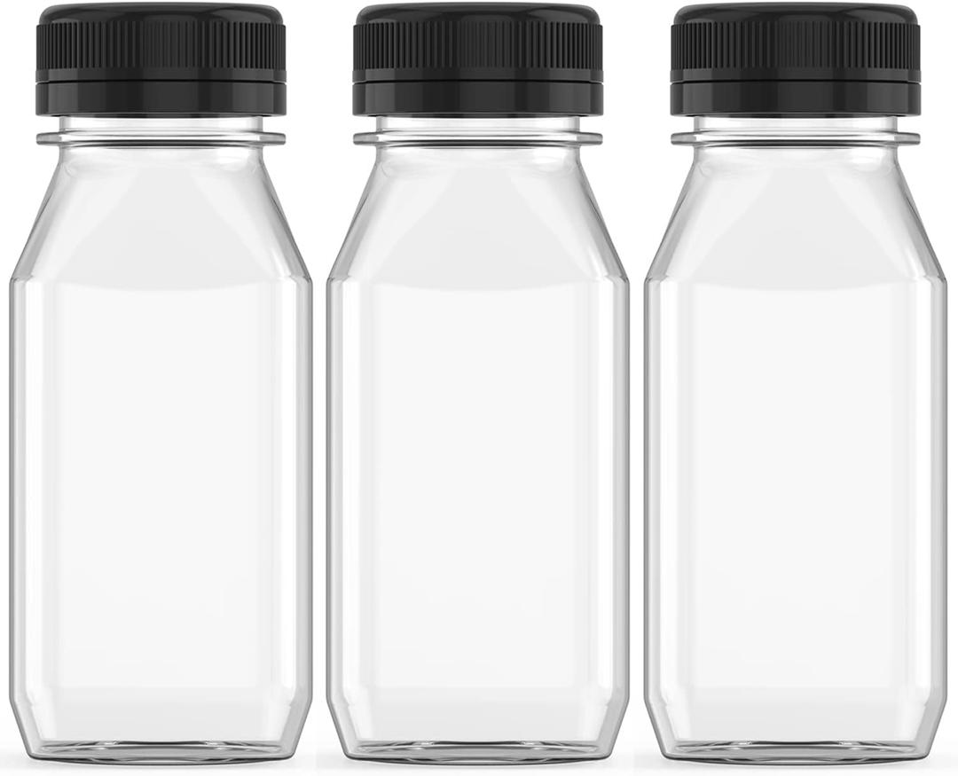 3 Pcs 8 oz Plastic Juice Bottle Reusable Transparent Bulk Beverage Containers with Black Lids for Juice, Drinking Milkshake Tea, Milk, Juicing Smoothie Water and Other Beverages, Fridge Storage
