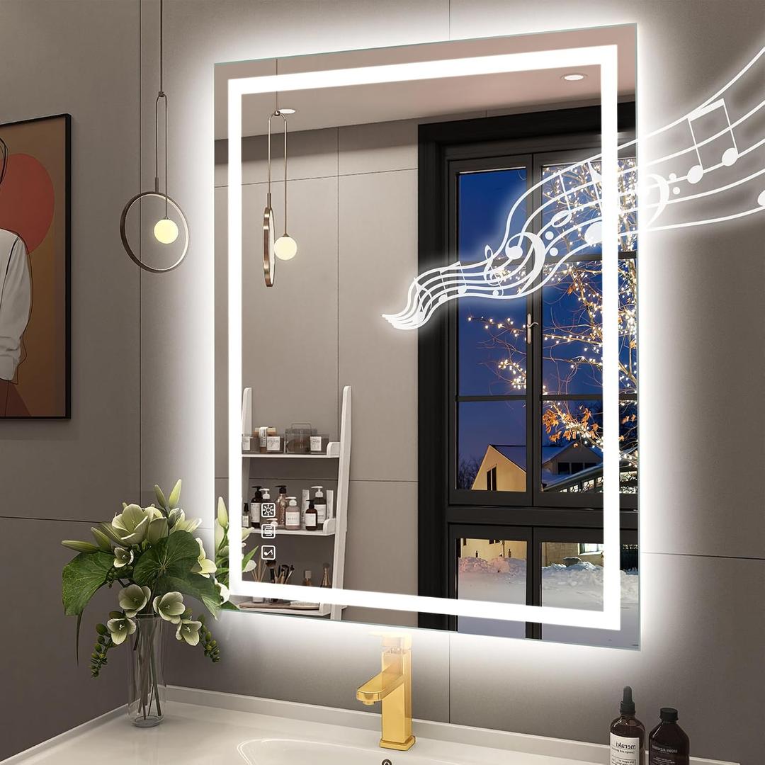 STARLEAD 28"x36" Bluetooth LED Bathroom Mirror with Dimmable Lighting, 3 Color Temperature, Anti-Fog, Touch Control, Wall Mounted Vanity Mirror for Daily Routines