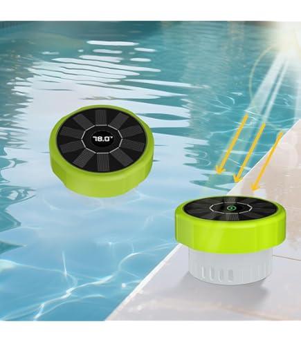 Pool Chlorine Floater with Temperature Display, Floating Chlorine Dispenser Fit for 1" and 3" Tablets Solar Charging,Anti-Sinking Dispenser for Pond Spa Hot Tub Floating Easy Opening Green
