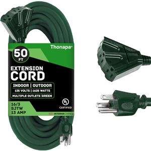 Weatherproof Green Extension Cord 50 ft 3 Outlets, 16/3 SJTW Outdoor Extension Cord with Multiple Outlets 50 Foot, 13 AMP Exterior Electric Cable 3 Way Plug for for Outdoor Lights, Landscaping