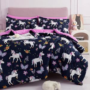 Mooreeke Kids Comforter Bed Set Full Size for s Girls, 8 Pieces Bed in a Bag with Shams, Sheet Set, Purple Pink Unicorn Full Soft Microfiber Kids Comforter Bedding Set