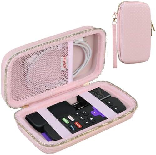 BOVKE Hard Case for Roku Voice Remote Controller, Roku Streaming Stick+ / 4K, Roku Remote Case for Roku TV Steaming Stick 3820R/ 3821R/3941R, Extra Mesh Pocket for Adapters, Cables, Pink Star
