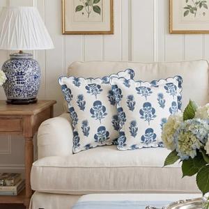 BrightRow 2 Pcs Scalloped Floral Block Print Pillow Cover 18 x 18 Inch Scallop Pillow Cover Grandmillennial Style Indoor Outdoor Scalloped Throw Home Decor (Classic)