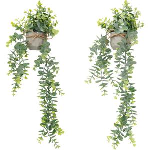 Artificial Hanging Faux Eucalyptus Plants in Small Gray Geometry Concrete Pots with Lanyard for Greenery Wall Shelve Decor (2PCS,Green)