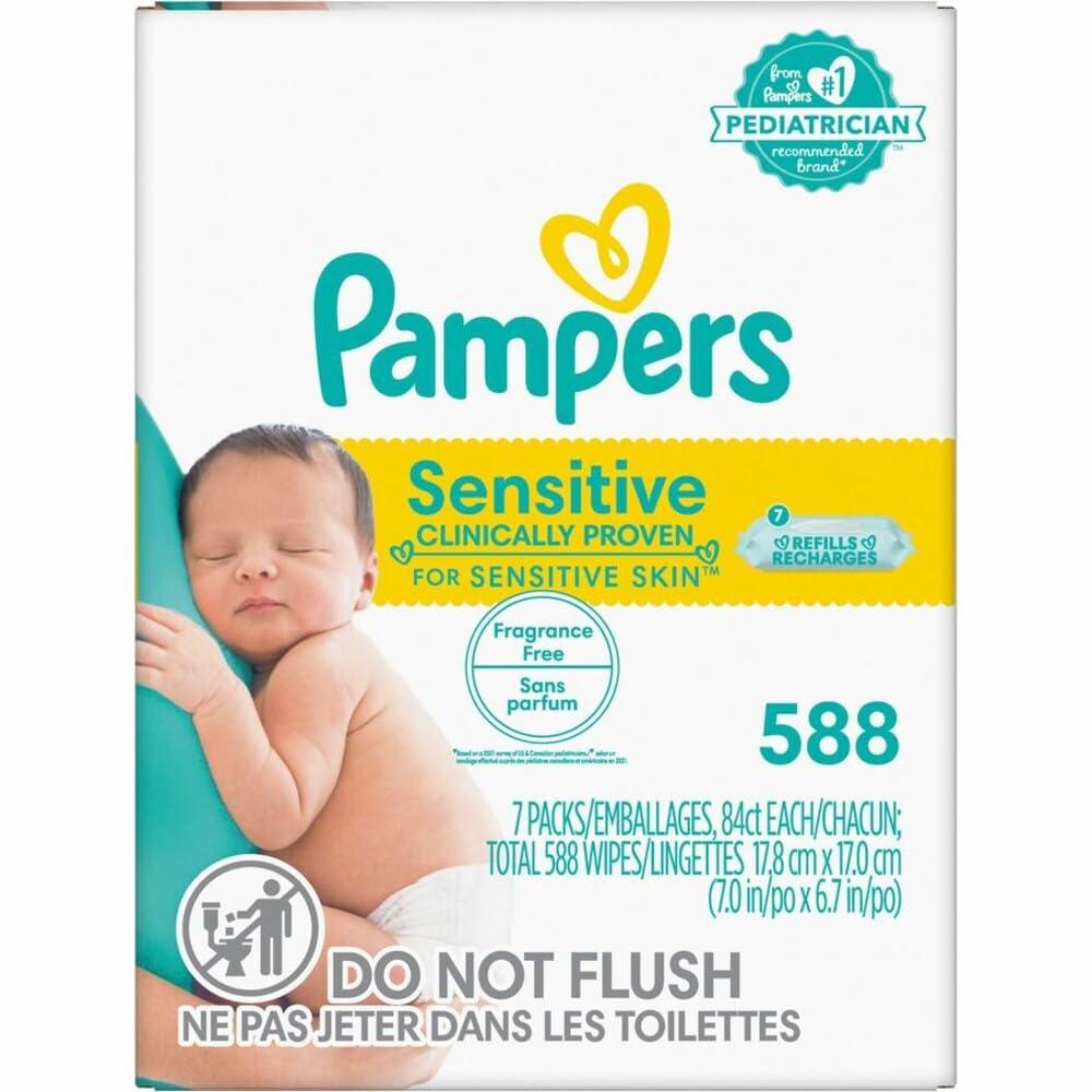 Sensitive Baby Wipes, 1-Ply, 6.7 x 7, Unscented, White, 84/Pack, 7/Carton