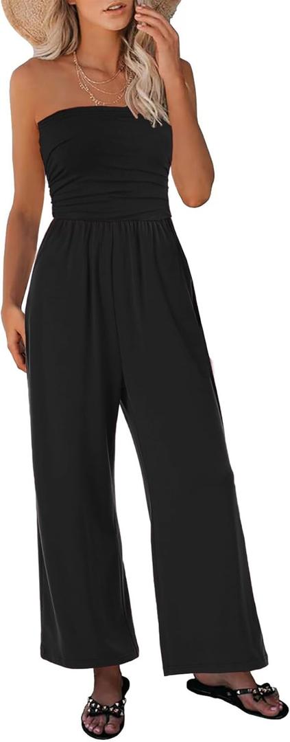 Womens Tube Top Jumpsuits Strapless Belted Wide Leg Bustier Jumpsuit Backless Baggy Long Pants Rompers with Pockets (Large, Y158 Black)