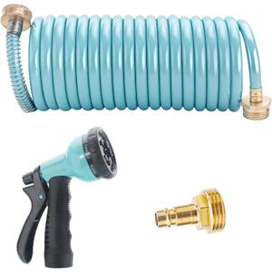 RV External Shower, 3/8 in by 15-Foot Coil Hose with 1/2 Inch Quick Connect Adapter for RV Outdoor Shower, Boat Hose Coil, 3/4 Inch Fittings (With Sprayer)