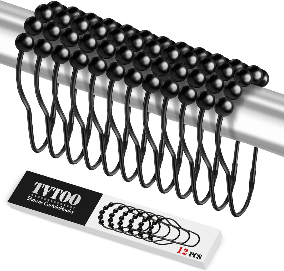 12PCS Shower Curtain Hooks, Shower Curtain Rings Black Rust Proof for Bathroom Shower Rods, Metal Shower Hooks SmoothQuick Sliding