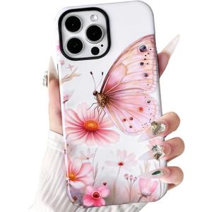 3 x NITITOP Compatible with iPhone 14 Pro Max Case Cute Butterfly Flowers Floral Pattern for Women Girls Glossy Hybrid 2 Layers Back Shockproof Protective Phone Cover - Pink