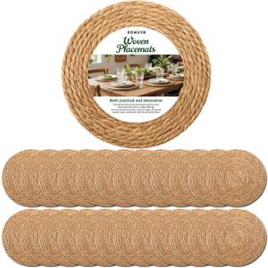13 Inch Round Woven Placemats Set of 24, Boho Farmhouse Rustic Rattan Wicker Braided Chargers for Dining Table, Water Hyacinth Jute Place Mats for Dinner Plates, Outdoor Patio & Wedding Decor