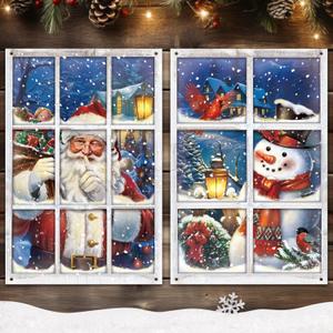 Preboun 2 Pcs Christmas Curtain Window Decoration Xmas Window Silhouette Snowflake Cover Christmas Poster for Indoor Outdoor Holiday Party Wall Garage Door Decor (Santa Claus and Snowman)