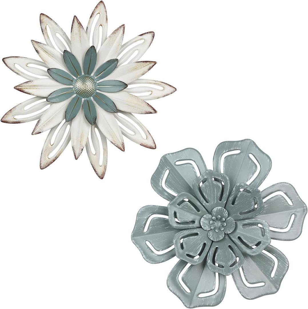 hogardeck Metal Flower Wall Decor, 2 PCS 11" Metal Farmhouse Wall Decor, Floral Metal Wall Art for Indoor Outdoor, Boho Wall Decor for Bathroom, Living Room, Kitchen, Bedroom, Porch, Garden, Yard (white gray-2089)