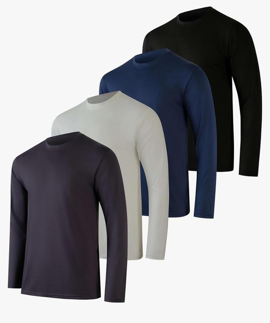 Real Essentials 4 Pack: Mens Long Sleeve Dry Fit T Shirts Hiking Fishing Workout Gym Work Sun UPF 50 Wicking Running Tee Large