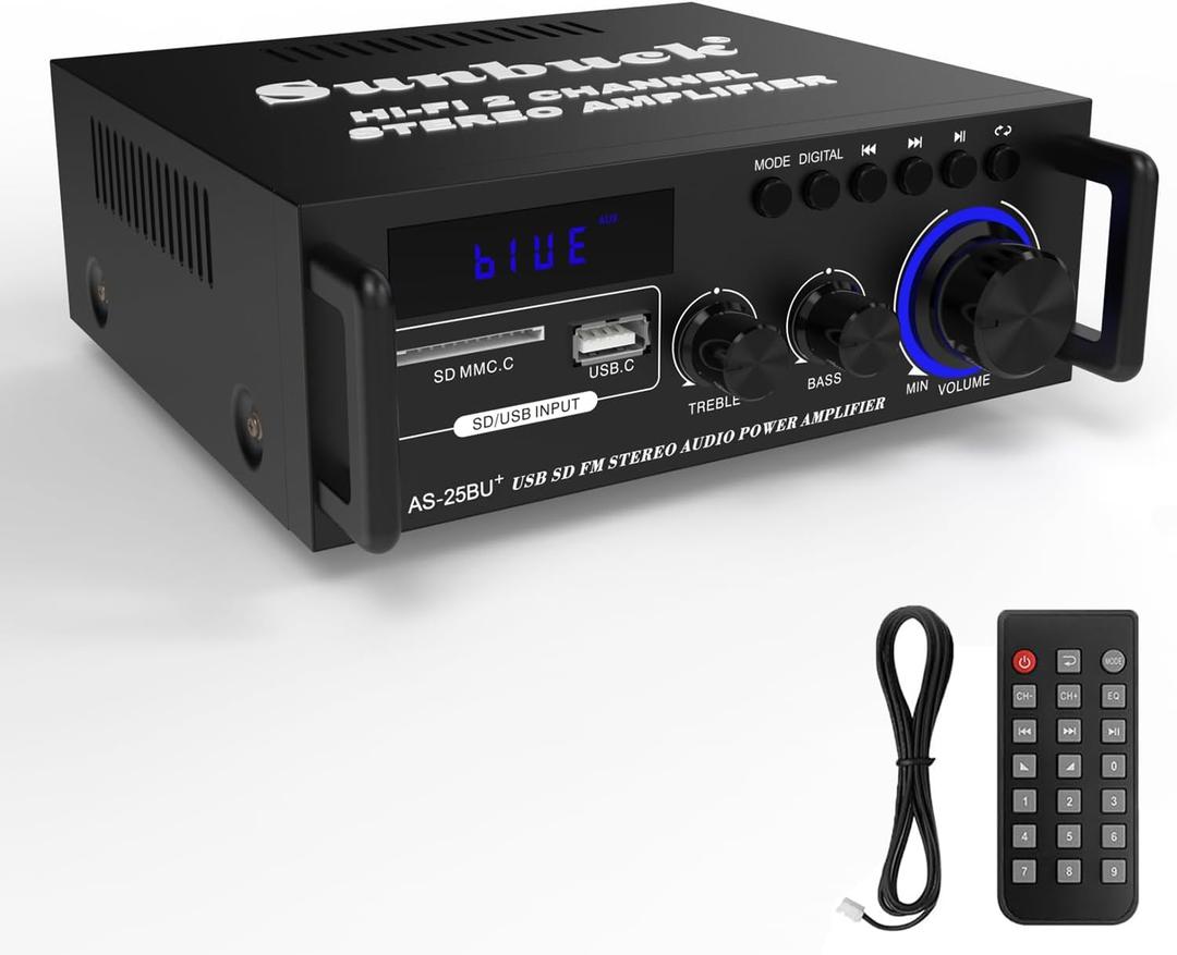 Sunbuck Small Stereo Amplifier, Stereo Receiver with Bluetooth, Optical/Coaxial Jacks for TV/CD/DVD/LP/PC, Support 192kHz Audio, Max 300Wx2 Power, Home Audio System, Receiver for Speakers, AS-25BU