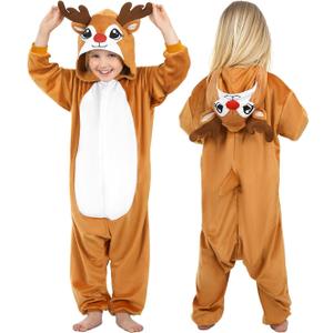 Christmas Cosplay Dress Up Hooded Animal Onesie Costume for Kids 4-12, Plush Xmas Holiday Gift for Boys & Girls (Small ( 4-6 Years ), Reindeer)