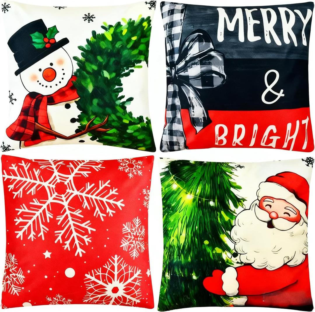 Haundry 4pcs Christmas Pillow Covers 18x18 Inch Red Pillow Covers Xmas Decorations Buffalo Tree Joy Merry Christmas Pillows Winter Holiday Farmhouse Seasonal Throw Case Decor for Sofa Couch