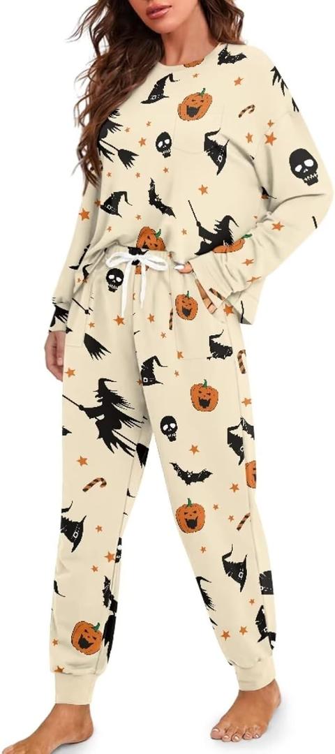 Drawstring Pajamas for Women Set 2 Piece Long Sleeve Pajama Sets Comfy Loungewear Pjs Trendy Cozy Sleepwear (X-Large, Halloween Witch Pumpkin)