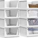 yazi Stackable Storage Bins,8 Pack Foldable Plastic Wardrobe Clothes Organizer Drawer Shelf Storage Basket Container Plastic Drawer Organizer Shelf Baskets Folding Containers Bins Cubes, Light Grey 