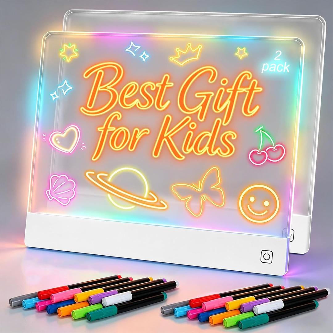 2 Pack Rechargeable LED Note Board with 7 Colors, 16-Inch Light Up Acrylic Dry Erase Board, Lumi Board Led Drawing Board for Kids Sketching Gift Toy for Kids/Girls/Teens - White
