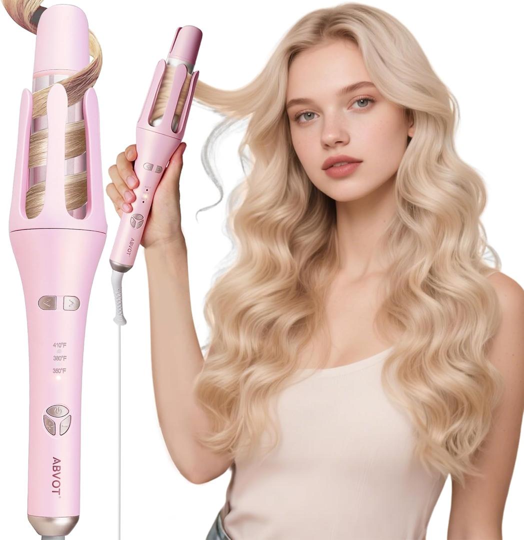 Automatic Curling Iron, Long Barrel 1.5 inch Rotating Curling Iron Wand for Womens Long Hair, Ceramic Hair Curlers with 2-Way Opening, Dual Voltage, 600M Ions for Bouncy Waves, Pink